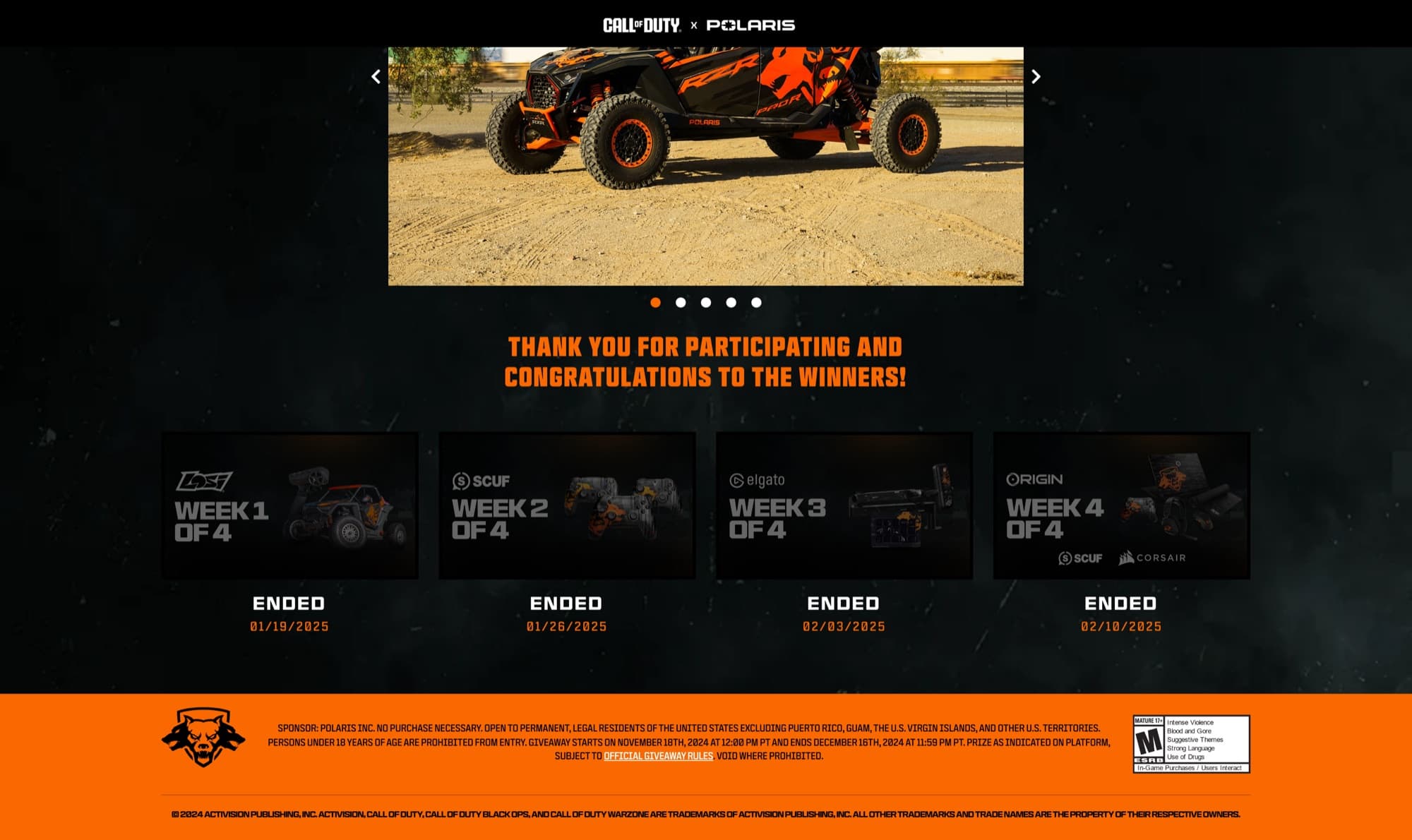 Weekly giveaway rounds and official rules footer